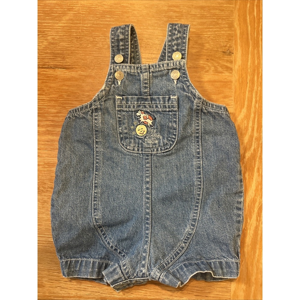 Vintage Carters Jean Denim‎ Overalls Baby 0-3 Mos Boy Girl Hey Diddle Diddle Cow